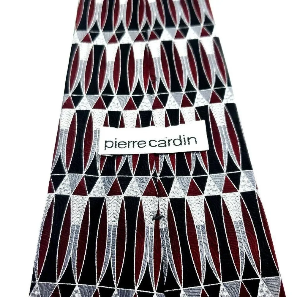 Pierre Cardin Red Gray Silk Tie Woven Short Wide Geometric‎